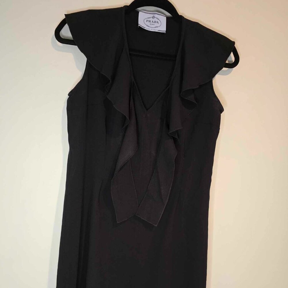 Vintage Prada Dress - Acetate Viscose - Ruffle Neckline Little Black Dress - Picture 2 of 14